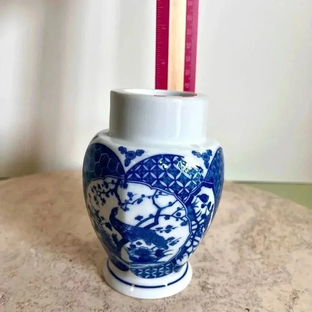 Vintage Japanese‎ Candle Stick Holder White Blue Peacock Pattern Home Decor
